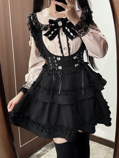 Sweet & Edgy Jirai Kei Coord Set: Pink Heart Rhinestone Blouse & Black Tiered Susender Skirt
