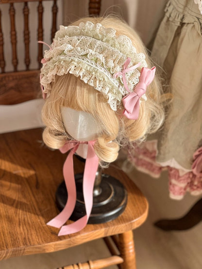 Lolita Hairband Green Pink Lace with Ruffled Bow Accents