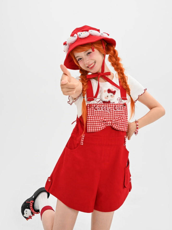 Red Plaid Bowknot Plush Kitty Overall Shorts