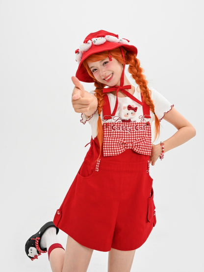 Red Plaid Bowknot Plush Kitty Overall Shorts