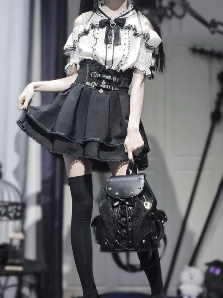 Jirai Kei Backpack with Heart Pendant, Lace Flap, Studs & Bowknot - Miao Lei Dian Bo