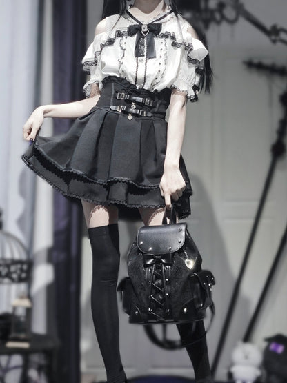 Jirai Kei Backpack with Heart Pendant, Lace Flap, Studs & Bowknot - Miao Lei Dian Bo