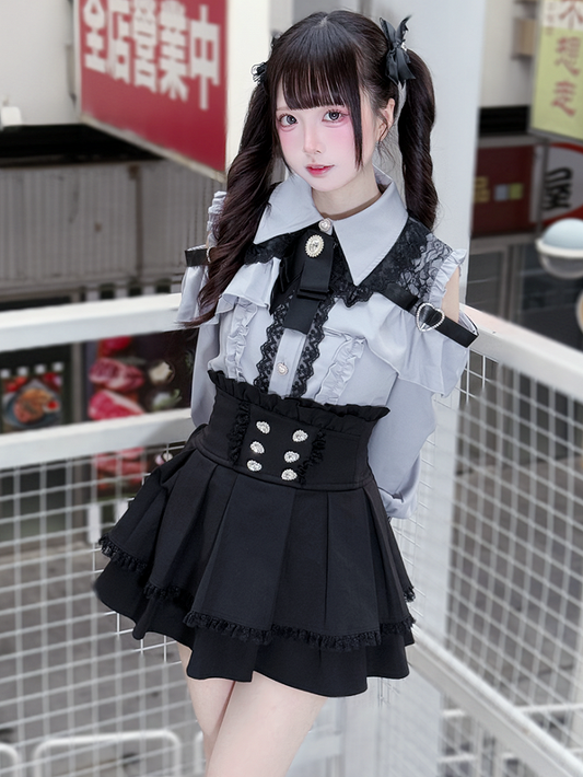 Long Blouse Sleeves Dusty Buttons Blue - Kei Sweetheart Jirai