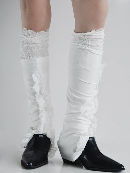 White Slit Design Ruffled Leg Warmers