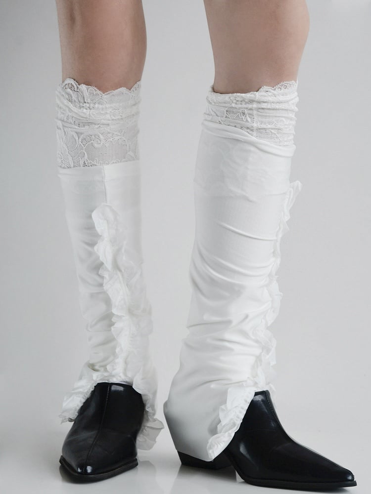 White Lace Cuffed Footed Leg Warmers + White Split Ruffle Leg Warmers Set