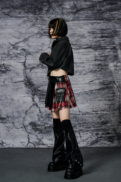Skirt Asymmetrical Red PU with Black Accents Punk A-line Plaid