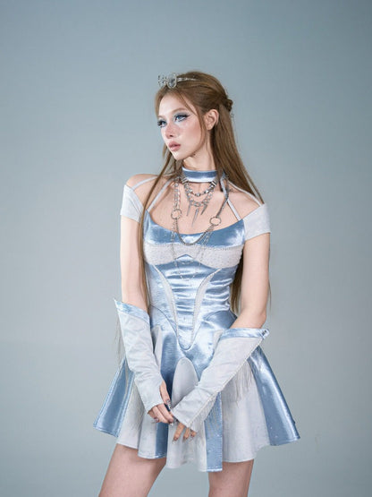 Blue Y2K Satin Halter Neck A-Line Dress with Rhinestone - Virtual Orbit