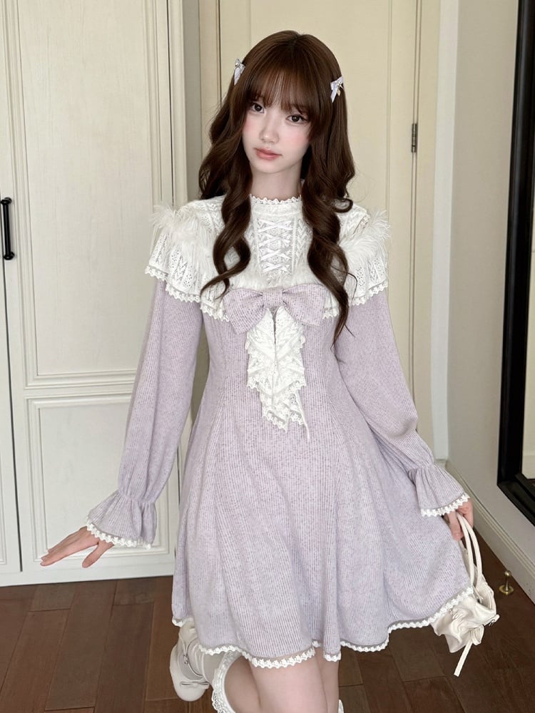 Seiso-kei Cutout Shoulder Long Sleeve Knit Dress in Purple with Feather and Lace Trim - LA LA JK