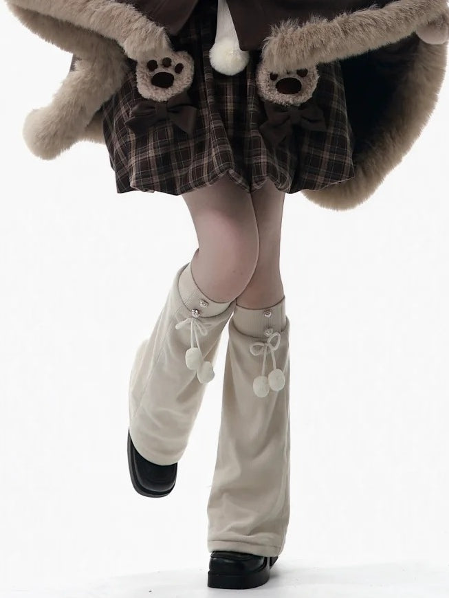 Details with Bow Pompon Kawaii Beaded Leg Accents Beige - Charm Knit Warmers