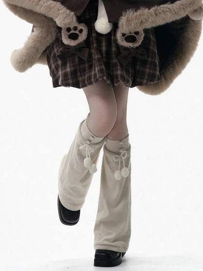 Details with Bow Pompon Kawaii Beaded Leg Accents Beige - Charm Knit Warmers