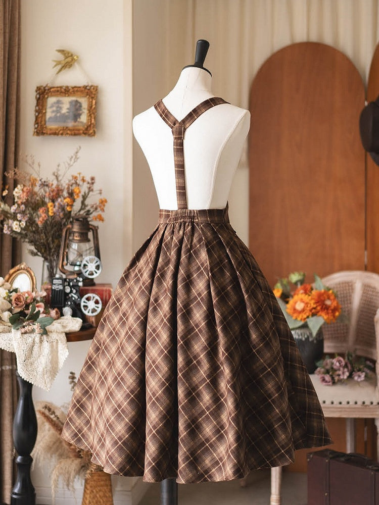 Style Vintage Brown Skirt Overall High Waist Tie Preppy with Plaid Tonal