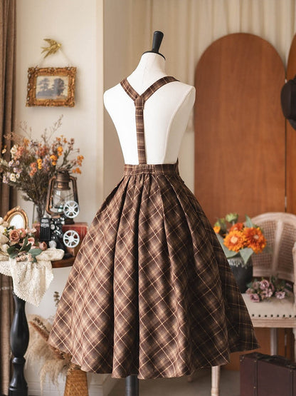 Style Vintage Brown Skirt Overall High Waist Tie Preppy with Plaid Tonal