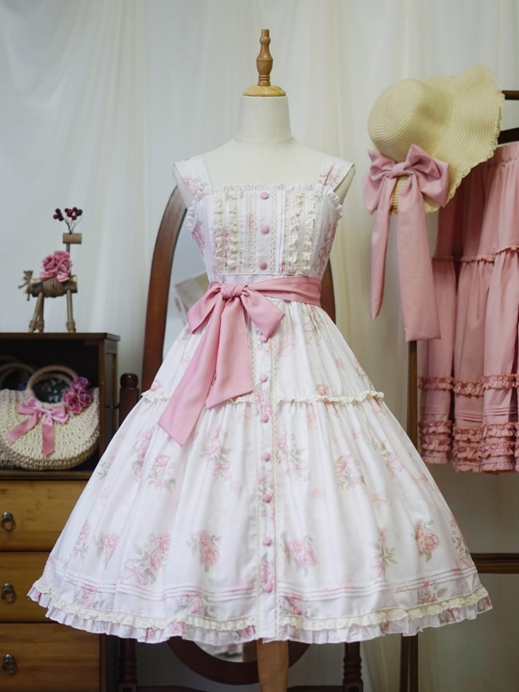 Pink Rosette Print Natural Kei Summer Floral Dress Front Button Placket Hem Lolita Jumper Skirt
