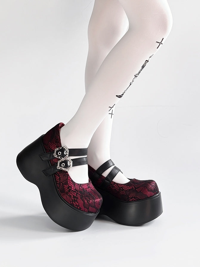 Punk - Black Red Sole Design Coffin-Shaped Buckle Shoes Platform