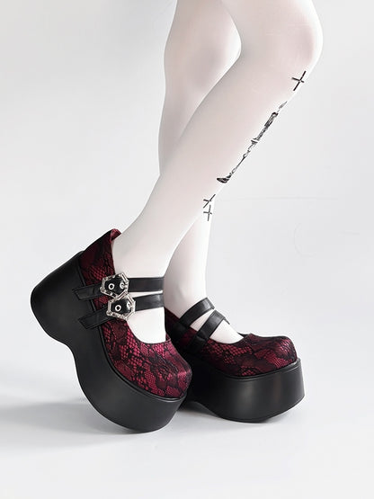 Punk - Black Red Sole Design Coffin-Shaped Buckle Shoes Platform