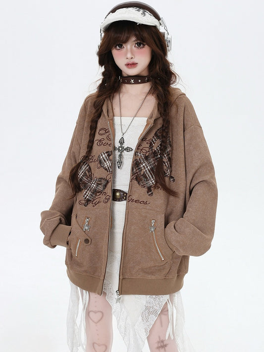 Brown Butterfly Appliques Spring Loose Zip Hoodie