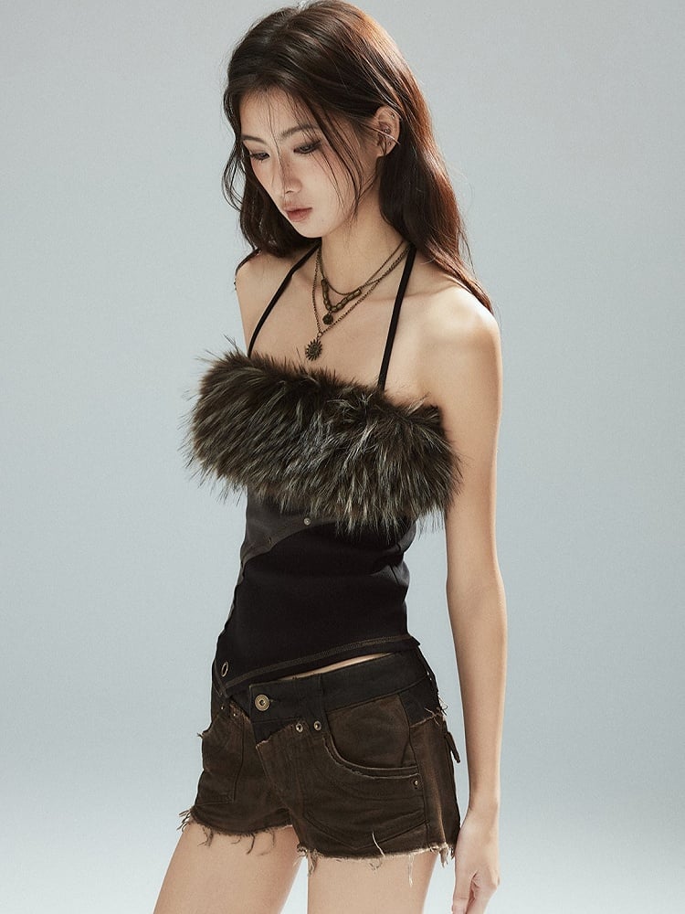 Punk Detachable - Asymmetrical Trim Halter Top Backless Plush