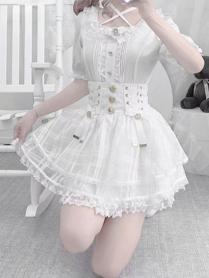 Blouse Halter White Jirai Rhinestones Details Heart-Shaped and Pleating Kei with Criss-cross