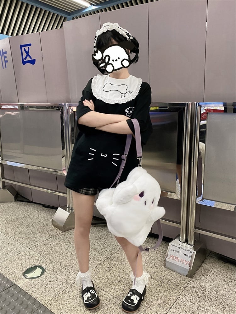 Ghost Shape Fleece Backpack in White with Taro Purple Straps Clearance - GURURU MARKET
