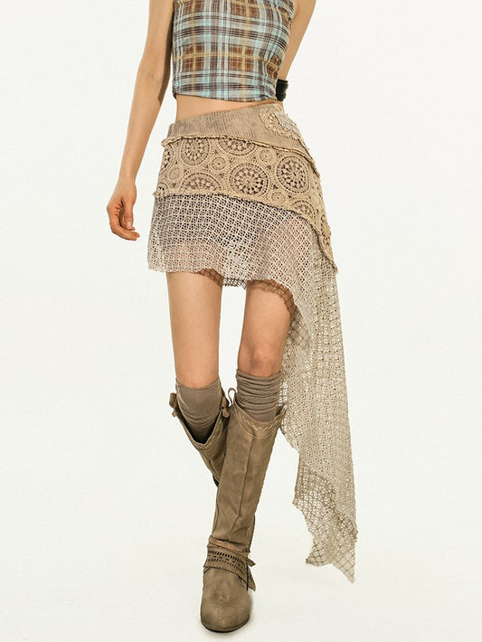 Punk Asymmetric Knit Patchwork Lace Light Brown Wasteland Built-in Shorts with Mini Skirt