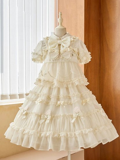 Beiges süßes Lolita-Kleid mit Schleifenakzenten und Rüschenbesatz