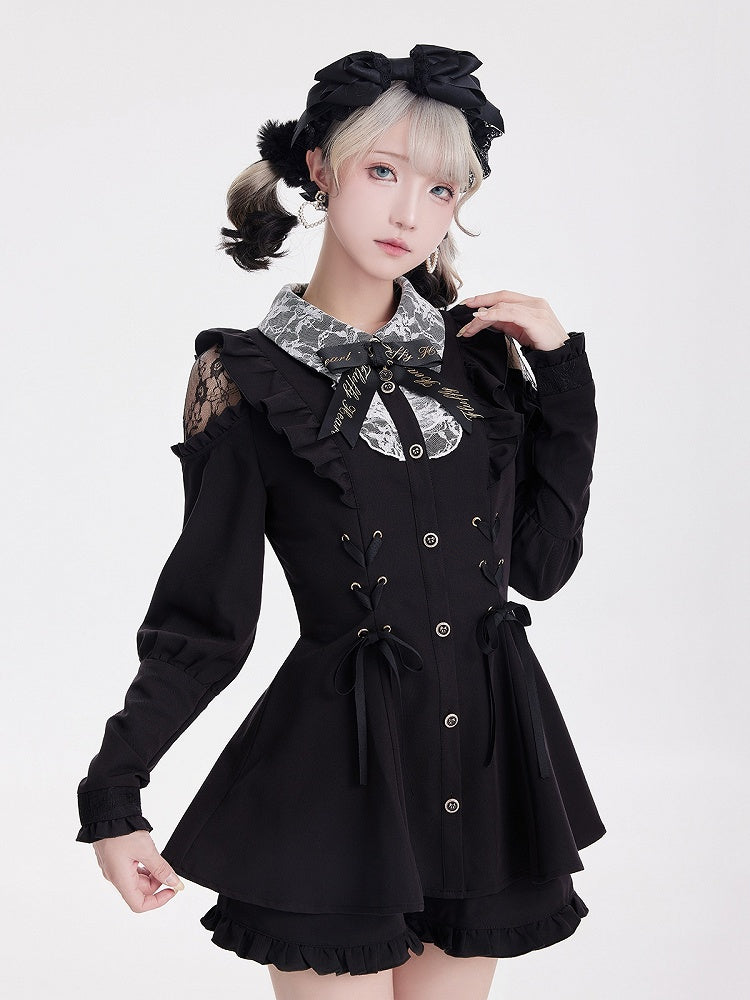 Shoulder Long Ruffle Jirai Hem Ensemble: Sleeve Black Cold Shorts Kei Top