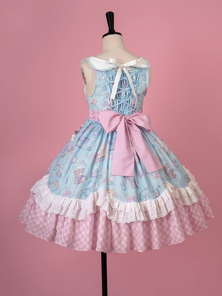 Adorable Lolita JSK Gown in Blue and Pink with Bow and Pocket Accents - Vcastle