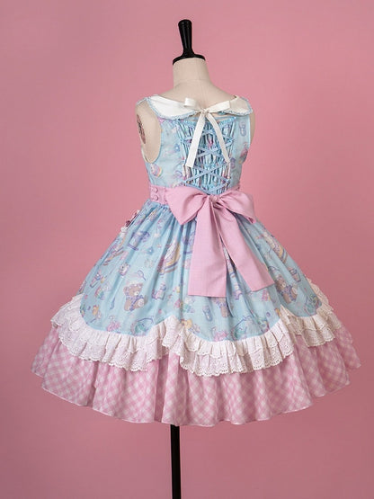 Adorable Lolita JSK Gown in Blue and Pink with Bow and Pocket Accents - Vcastle