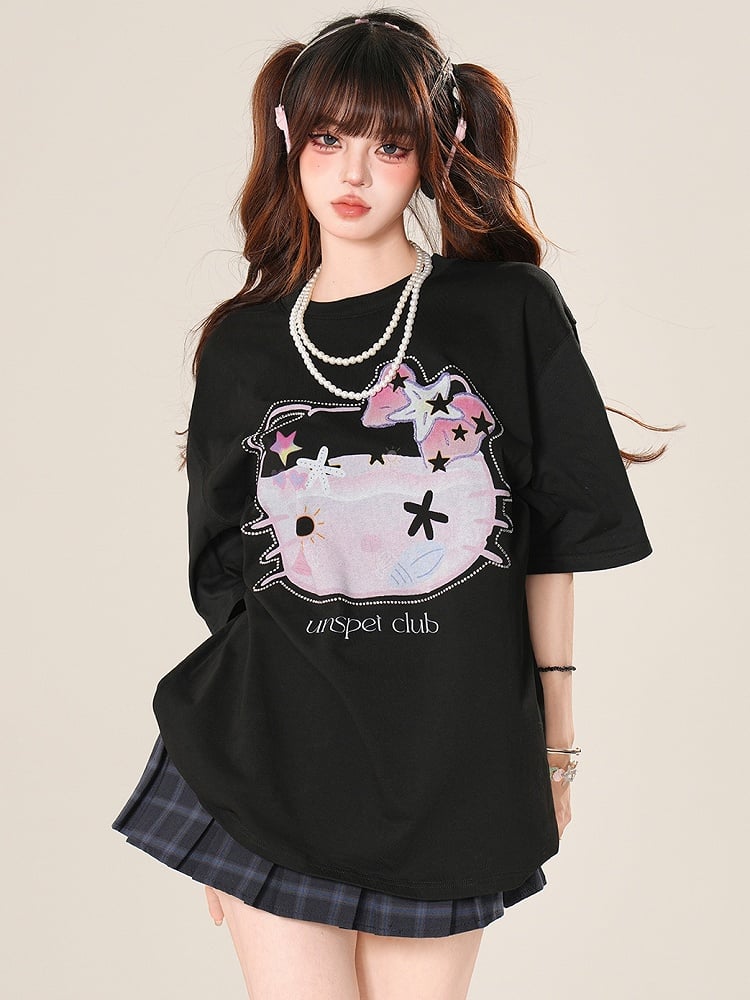 T-Shirt Grau/Schwarz Strass Halskette Kitty Perlen verziert mit Daily Print Kawaii