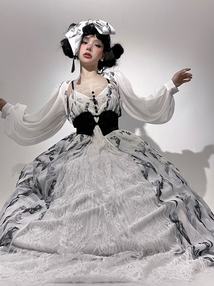 Tulip Dress+Cropped Set Top+Corset Lolita Black Elegant Classic Belt+Hairrband Full Pattern White