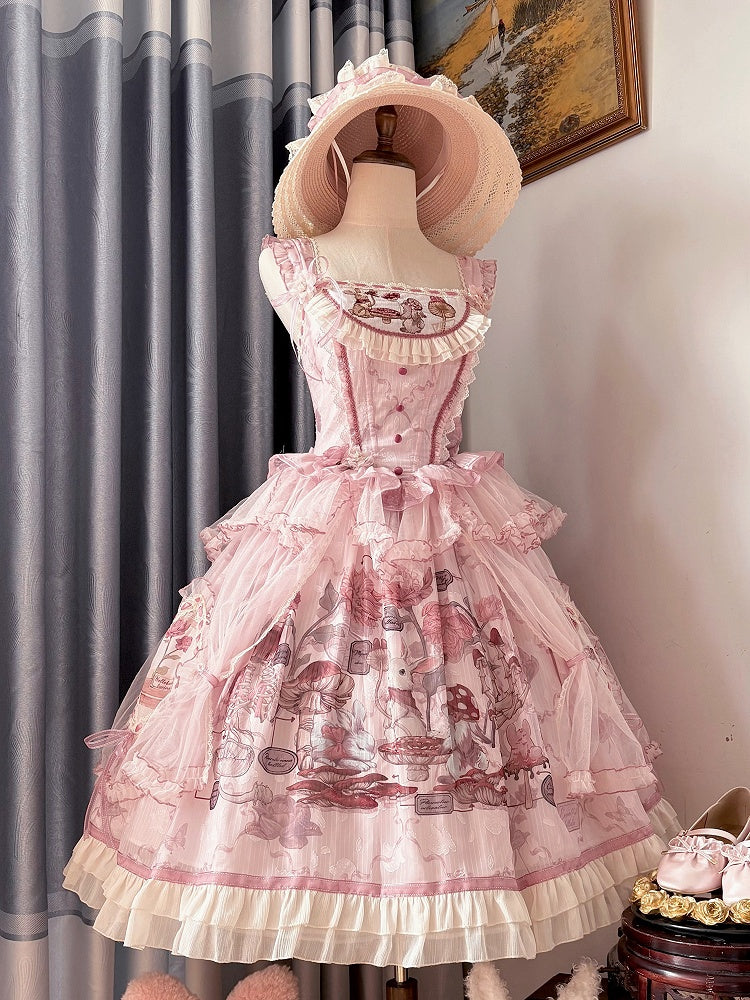 ピンクのバニーバスクウエストマッシュルームスカートプリンセスとジャンパーロリータプリント