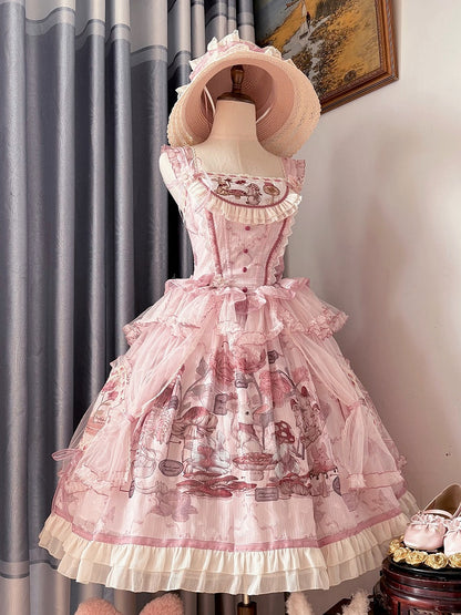 ピンクのバニーバスクウエストマッシュルームスカートプリンセスとジャンパーロリータプリント