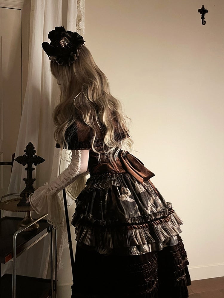 Gothic Dress Brown Pearl Shell Ruffled with Overlay Lolita Print