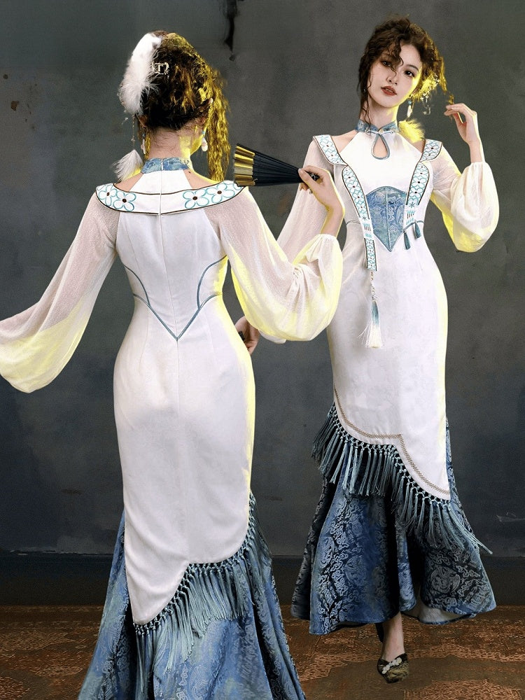 Elegant Blue & White Jacquard Long Cheongsam Gown with Cutout Accents - sijinstudio