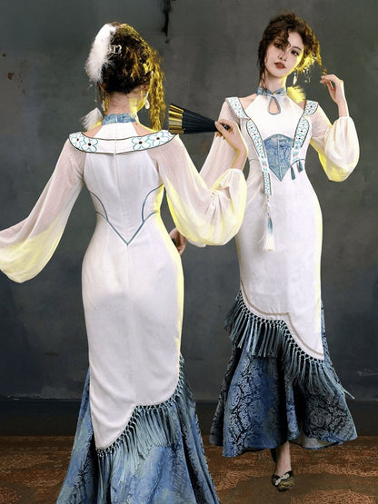 Elegant Blue & White Jacquard Long Cheongsam Gown with Cutout Accents - sijinstudio