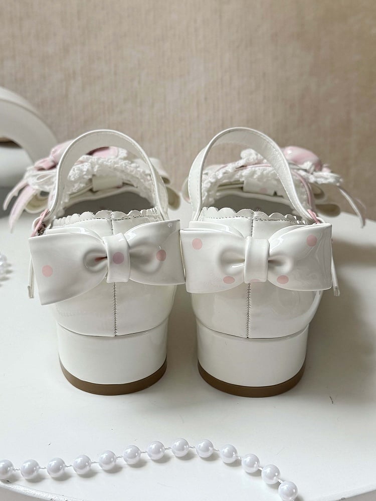 Lolita - Straps Heart Top Trim White Bow Ruffles Decor Candy Crisscross with Mary Sweet Pink Janes Shoe Clip