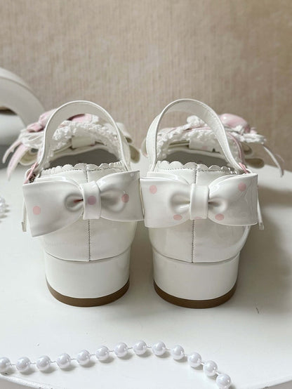 Lolita - Straps Heart Top Trim White Bow Ruffles Decor Candy Crisscross with Mary Sweet Pink Janes Shoe Clip