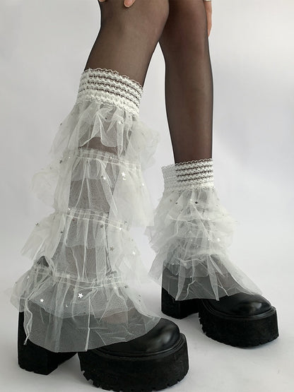 Lace Moon Leg Y2K Details And Trim Tiered White/Black Sleeves Star