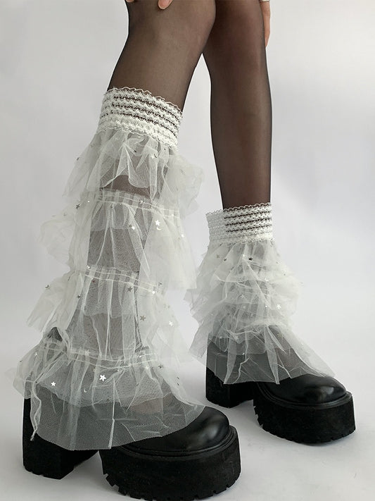 Lace Moon Leg Y2K Details And Trim Tiered White/Black Sleeves Star