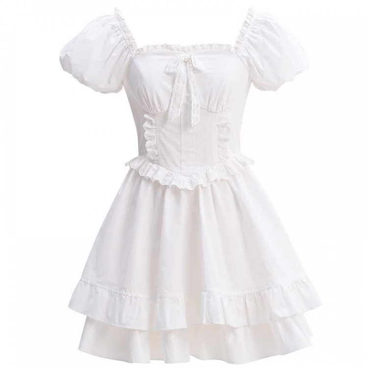 White Ruffled Square Neckline Puff Sleeves Tiered Ruffles Sweet Dress