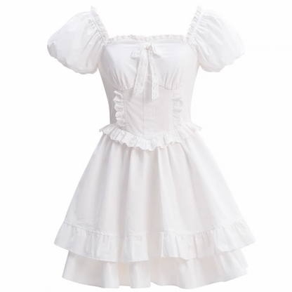 White Ruffled Square Neckline Puff Sleeves Tiered Ruffles Sweet Dress