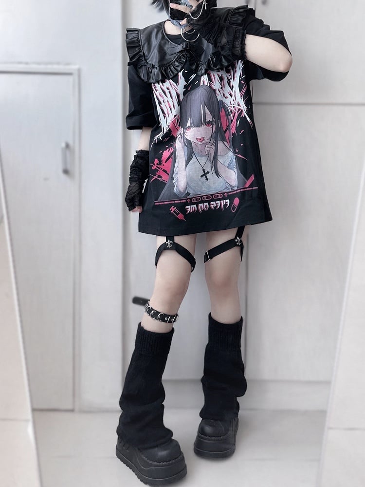 Jirai Kei Schwarzes Anime-Mädchen Yami Kawaii T-Shirt mit falschem Kragen-Set