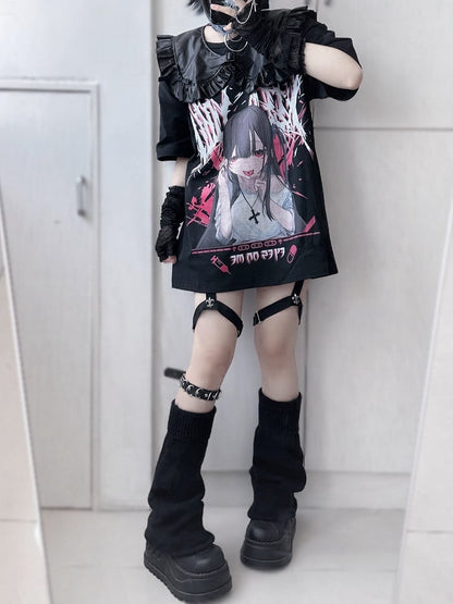 Jirai Kei Schwarzes Anime-Mädchen Yami Kawaii T-Shirt mit falschem Kragen-Set