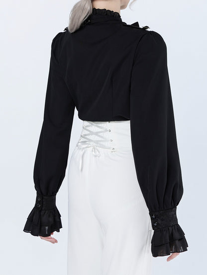 High Neck Long Sleeve Black Shirt with Ruffle Cuffs and Spider Bowtie - DevilInspired Exclusive Collection