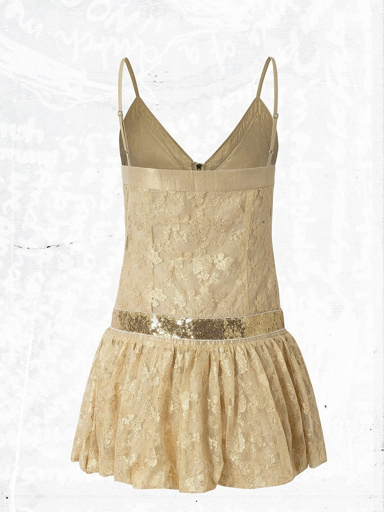 Golden Jacquard Cami Dress with Sequin Accents - NO ROMANCE