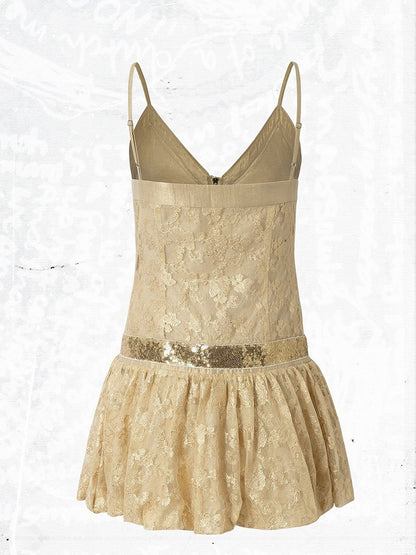 Golden Jacquard Cami Dress with Sequin Accents - NO ROMANCE