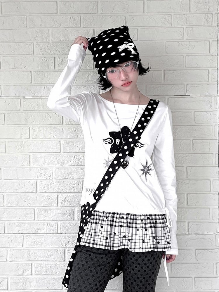 Design Long Daily with Star White Appliques Sleeve Top Kawaii Patchwork