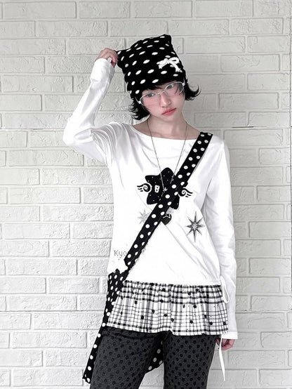 Design Long Daily with Star White Appliques Sleeve Top Kawaii Patchwork