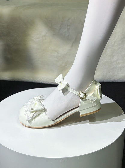 White Heart-Buckle Lace Round-Toe Low Heel Pumps - Fairy Godmother
