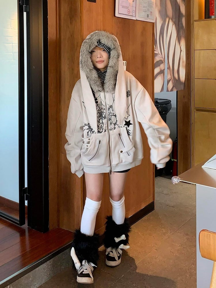 for Ear Y2K Jacket Khaki Hooded Zip-Up Rabbit Spring Hoodie